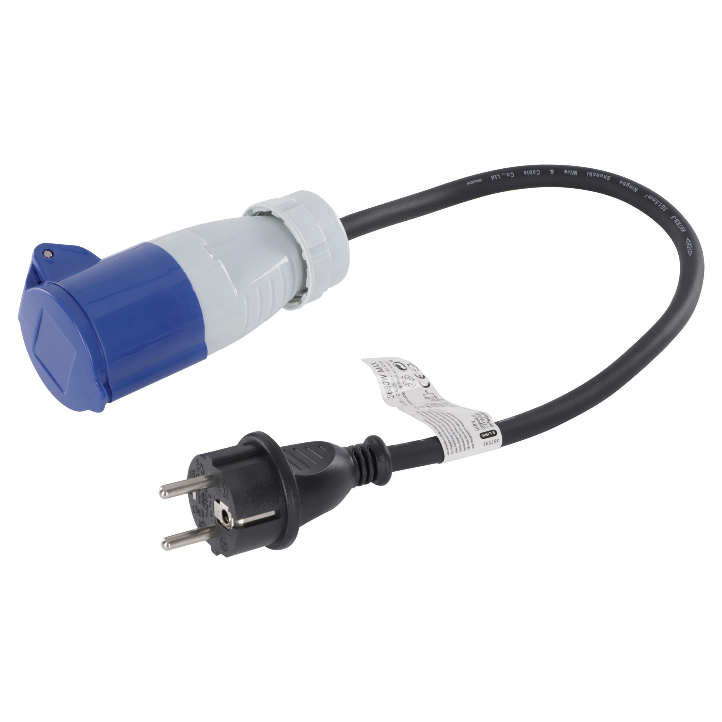 00.124.13 Q-Link  verloopsnoer CEE naar randaarde - 3 x 1.5 mm² - max 3680W - IP44 blauw 40 cm