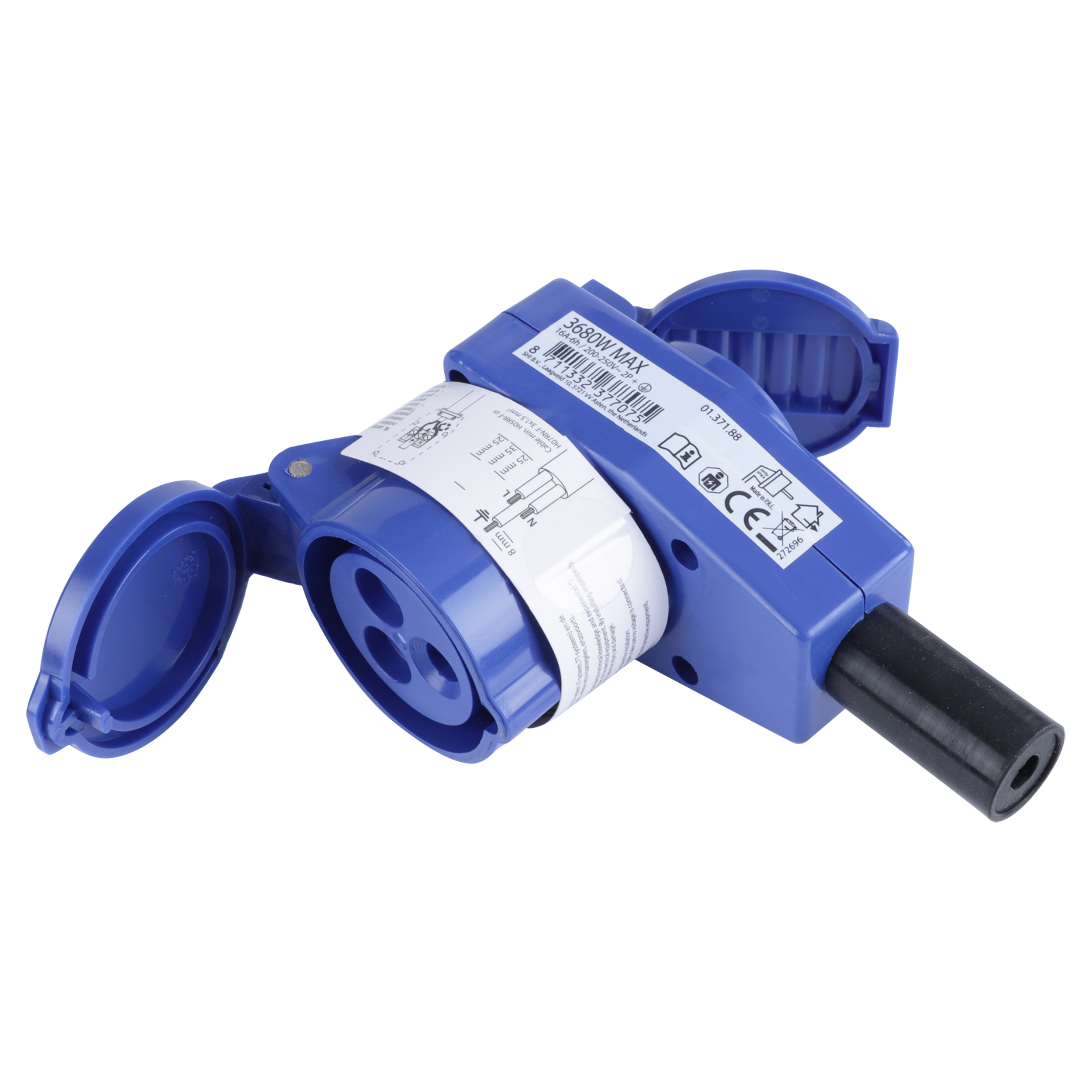 01.371.88   contrastekker haaks - met stopcontact blauw 