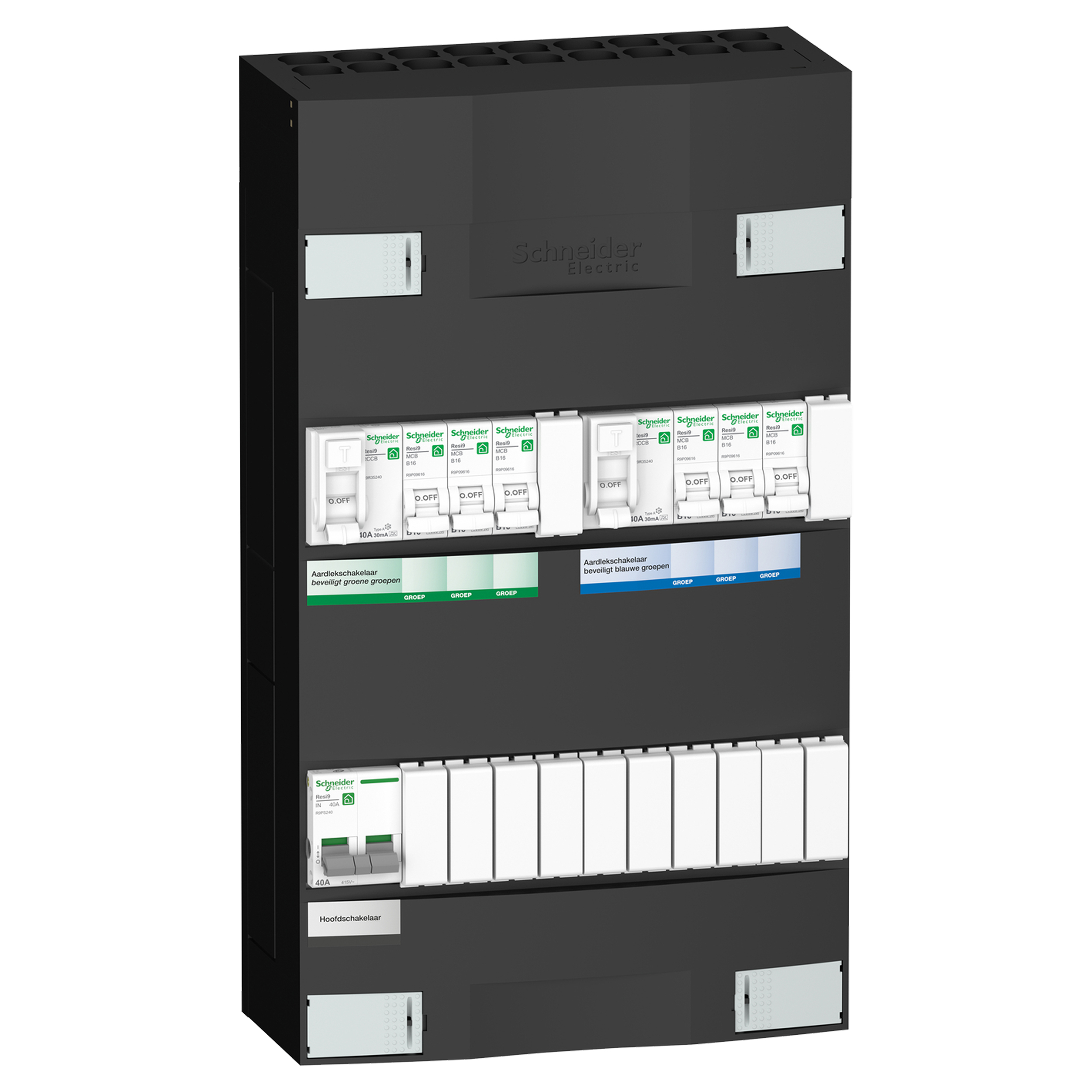 01.374.84 Schneider  groepenkast 6 Groepen - 1 Fase - 1 hoofdschakelaar - 2 aardlekschakelaars  380 x 220 x 110 mm
