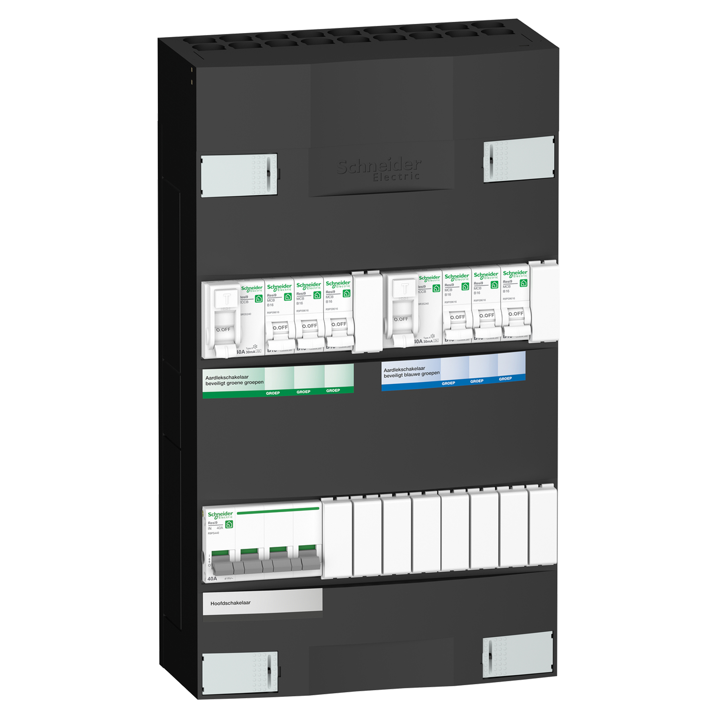 01.374.85 Schneider  groepenkast 6 Groepen - 3 Fase - 1 hoofdschakelaar - 2 aardlekschakelaars  380 x 220 x 110 mm