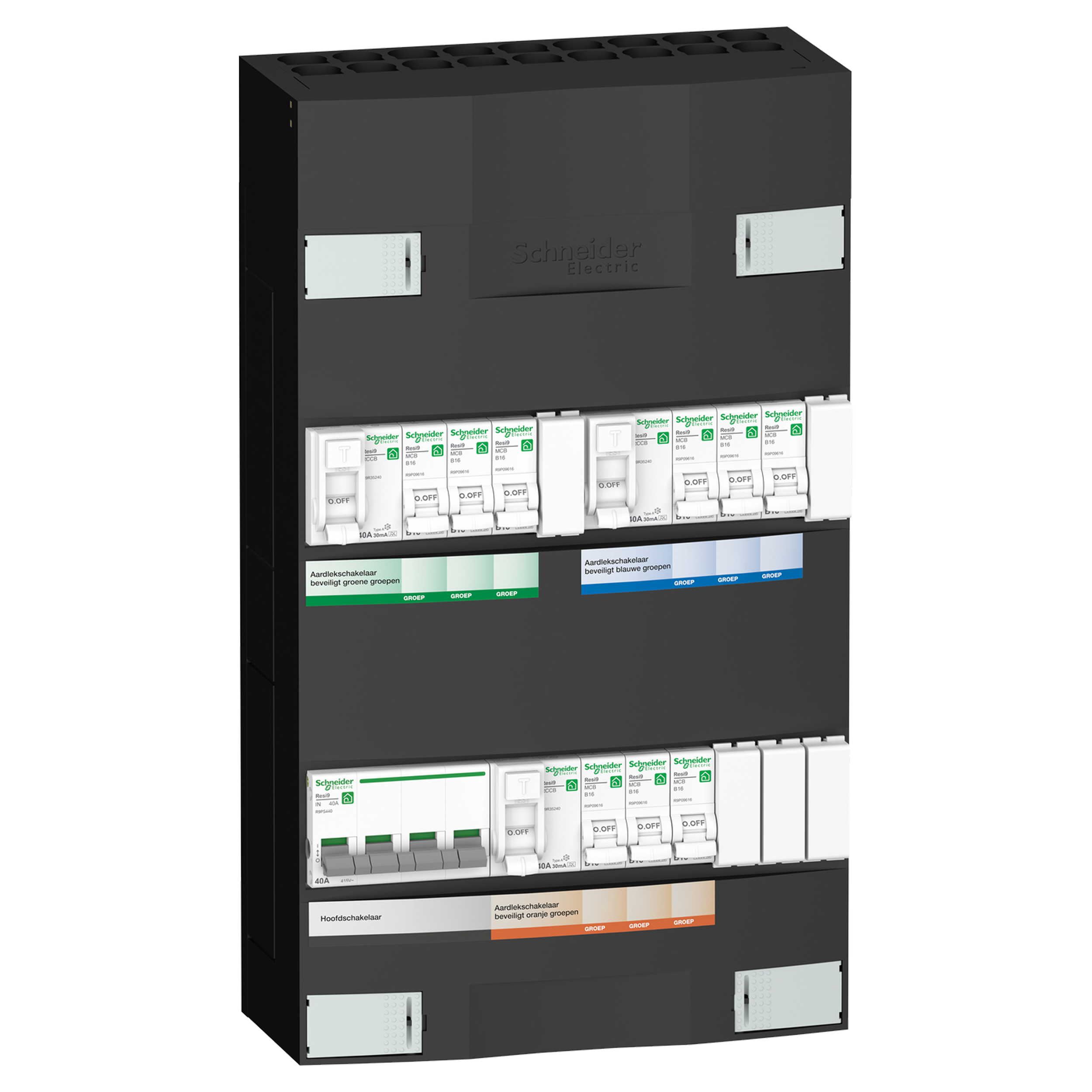 01.374.86 Schneider  groepenkast 9 Groepen - 3 Fase - 1 hoofdschakelaar - 3 aardlekschakelaars  380 x 220 x 110 mm