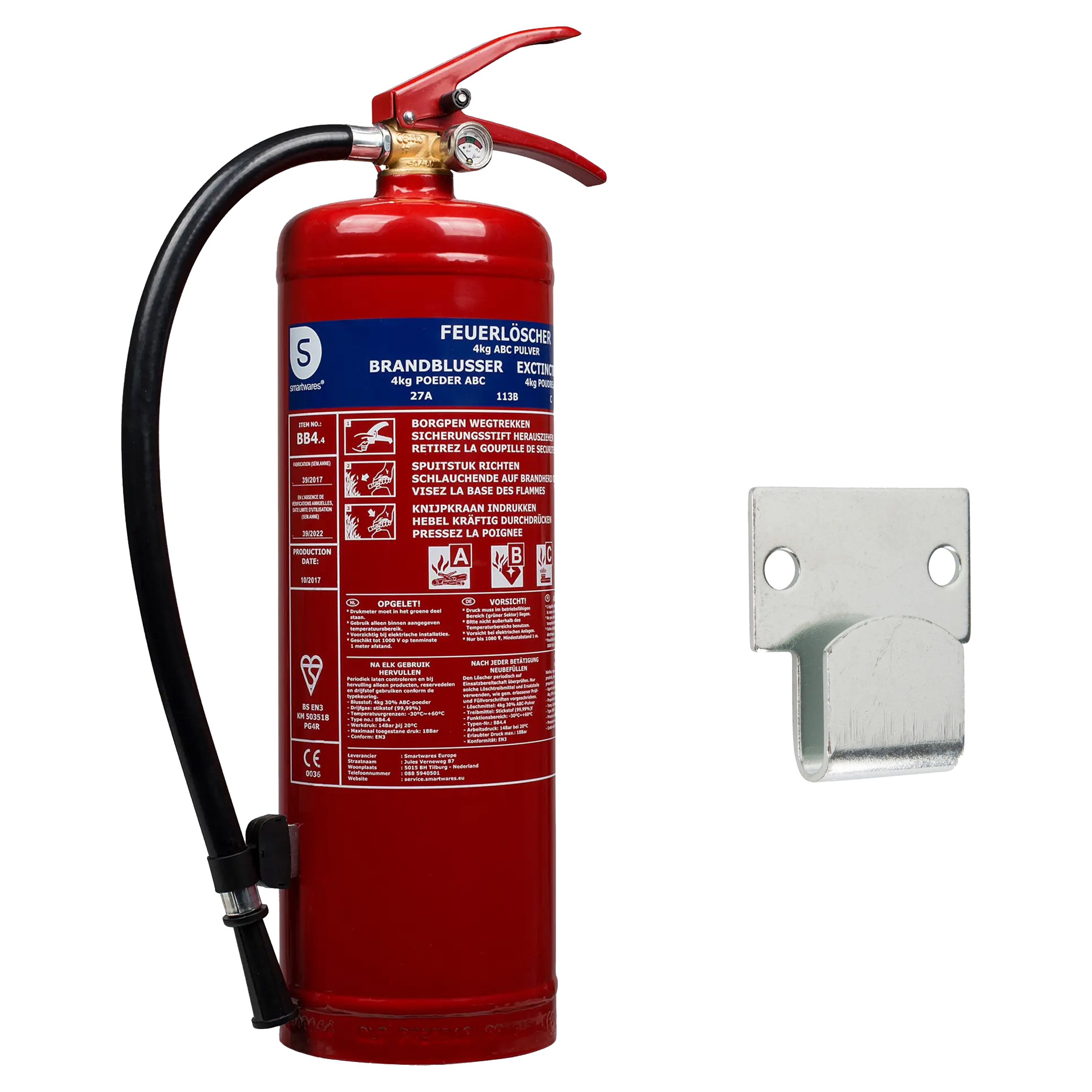 10.018.57 Smartwares  brandblusser poeder - 4 kg - ABC - BB4 - rood