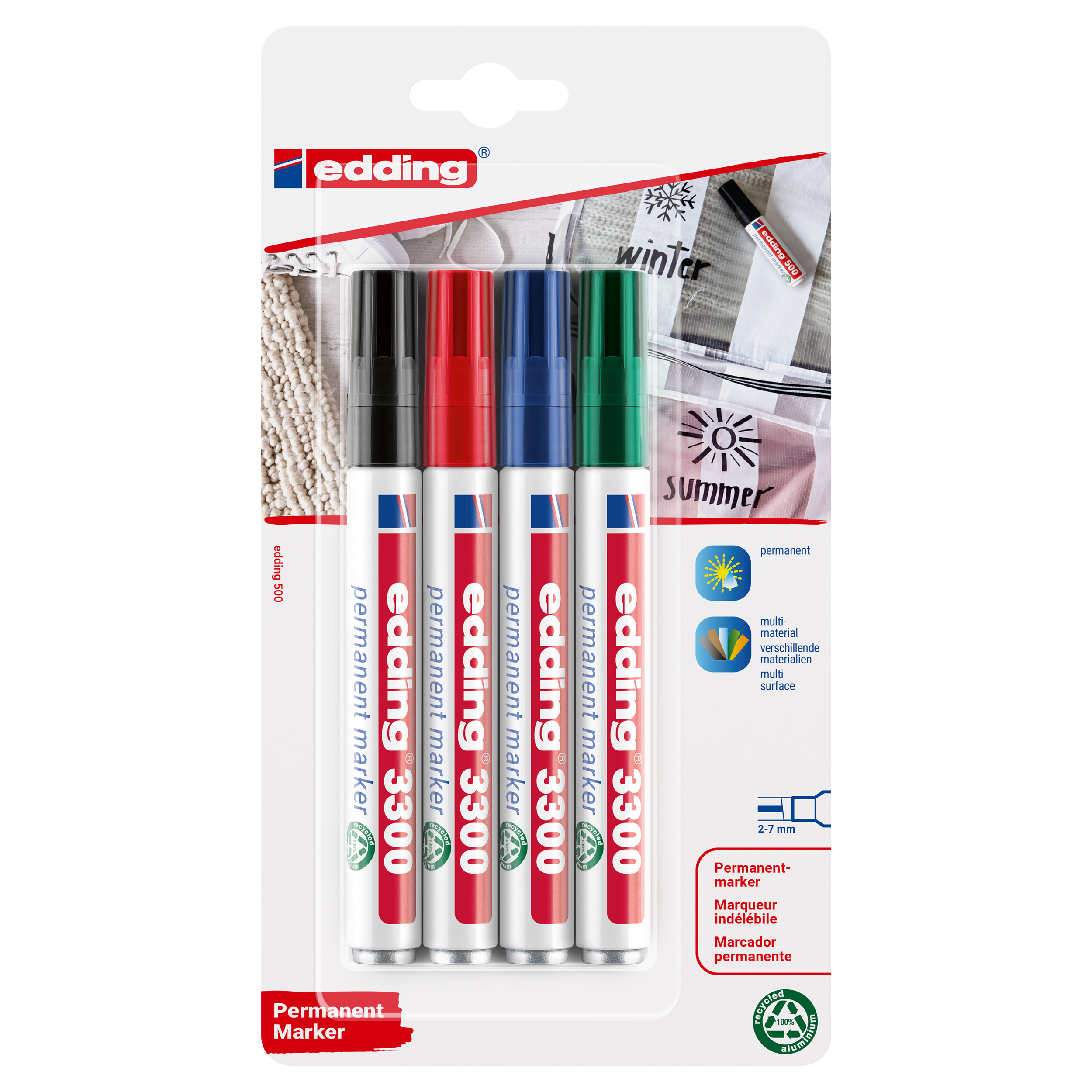 26.200.03 Edding  permanentmarker type 3300 - 4-delig - blokpunt zwart/rood/blauw/groen 