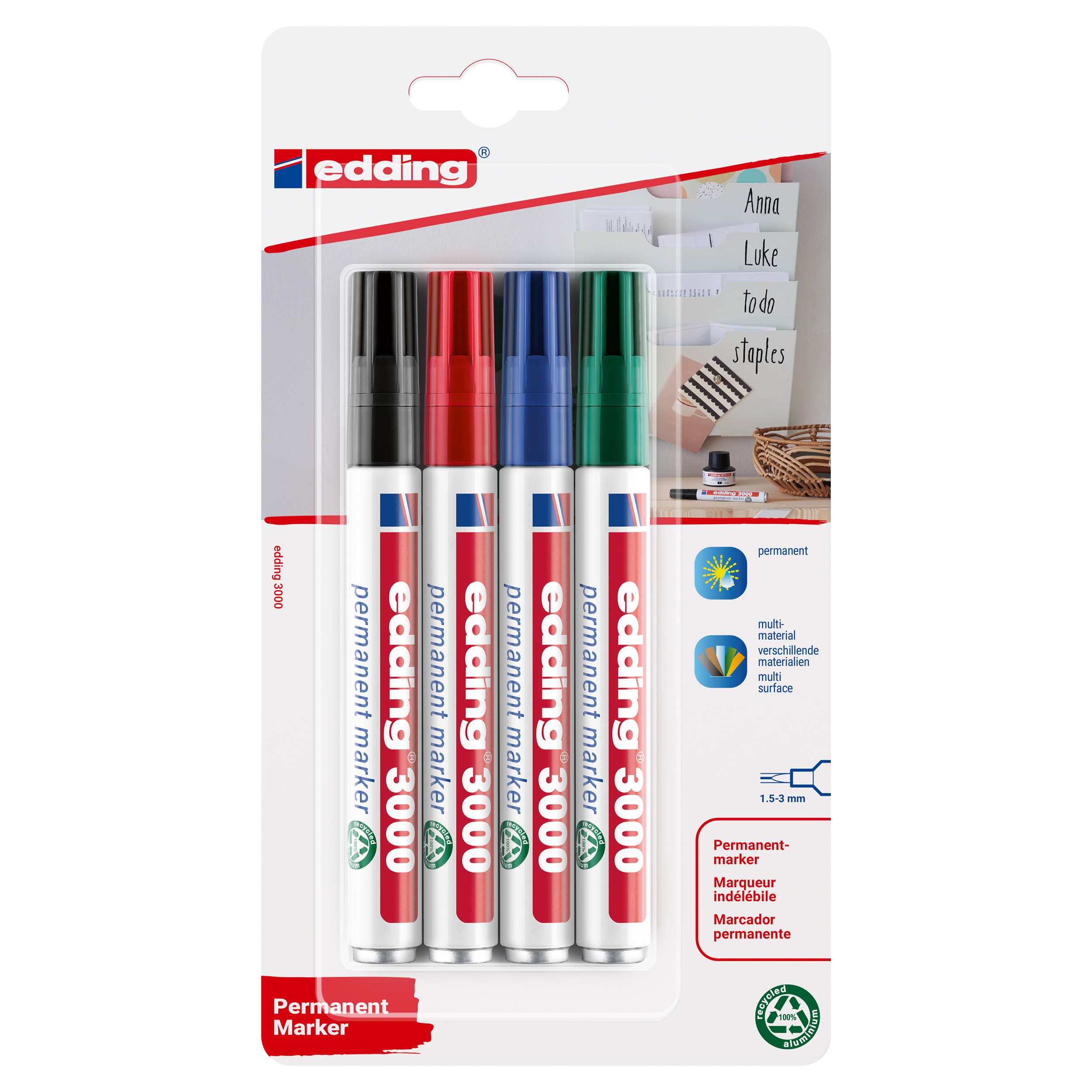26.200.37 Edding  permanentmarker type 300 zwart/rood/blauw/groen 
