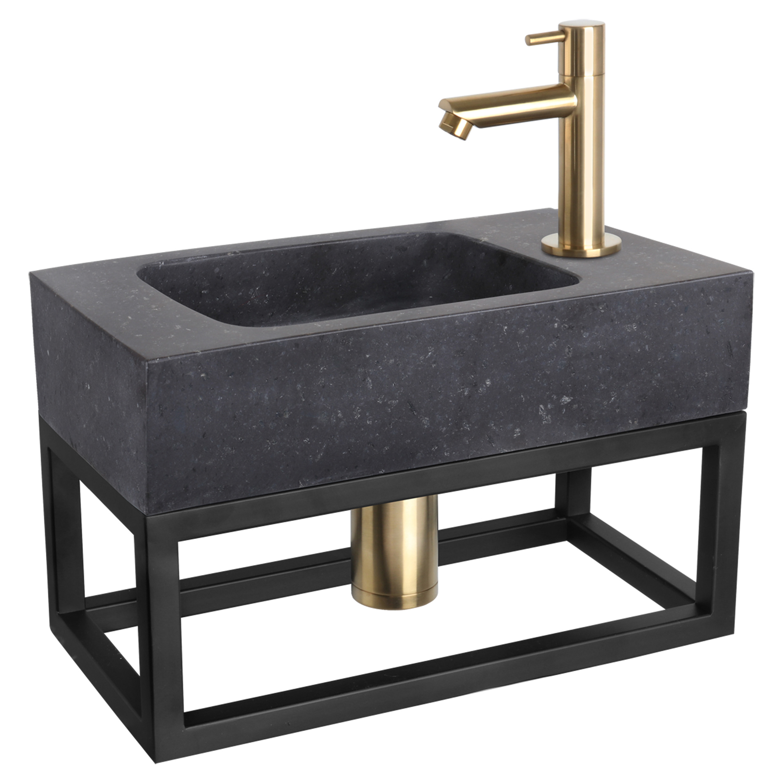 38.401.55 Differnz  fonteinset bombai black - natuursteen - kraan recht - met handdoekrek - 40 x 22 x 9 cm - mat goud