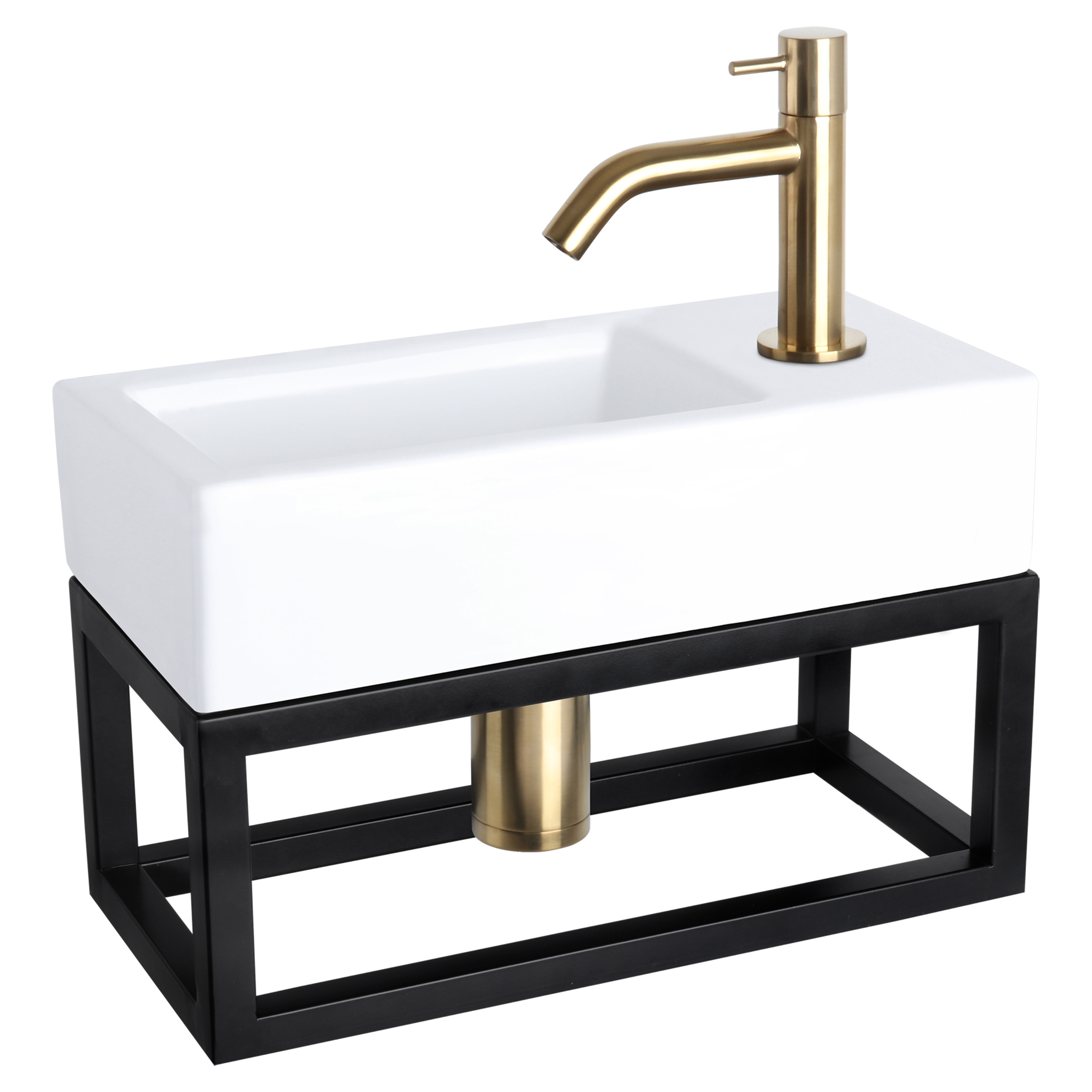 38.401.90 Differnz Ravo fonteinset keramiek - kraan gebogen - met handdoekrek mat goud 38.5 x 18.5 x 9 cm