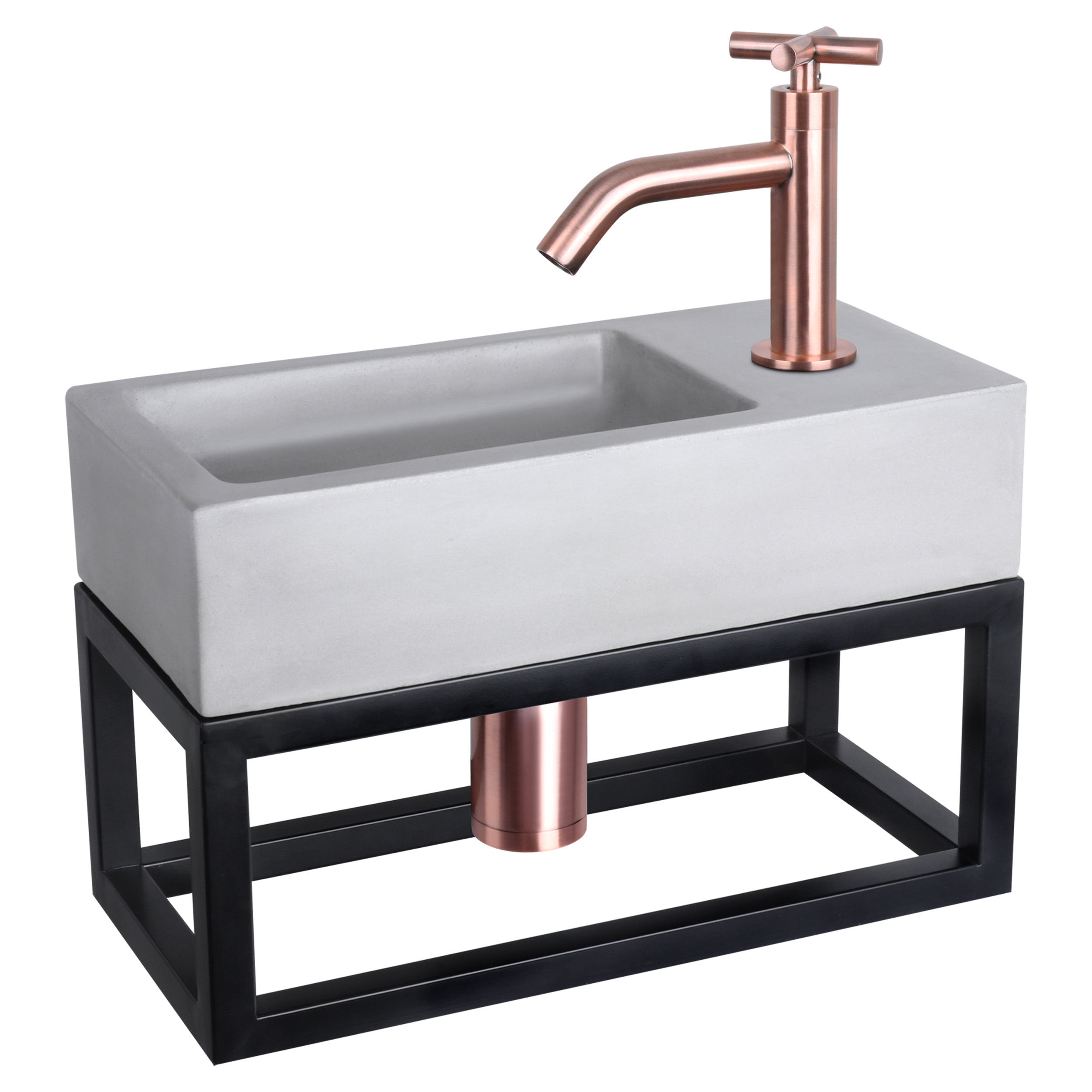 38.402.01 Differnz Ravo fonteinset beton lichtgrijs - kraan kruis - met handdoekrek rood koper 38.5 x 18.5 x 9 cm