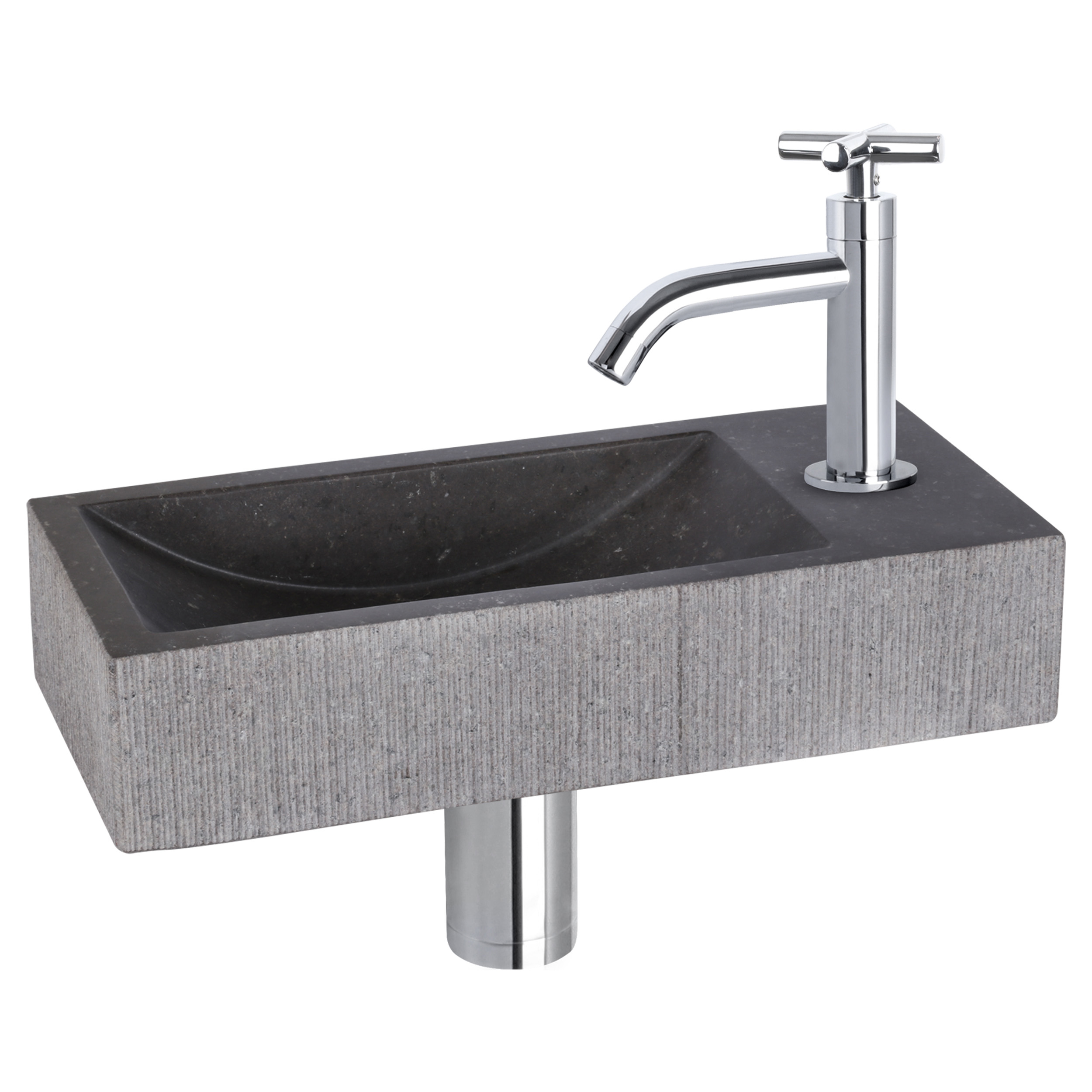 38.402.22 Differnz Ribble fonteinset bombai black - natuursteen - kraan kruis chroom 38 x 18 x 8 cm