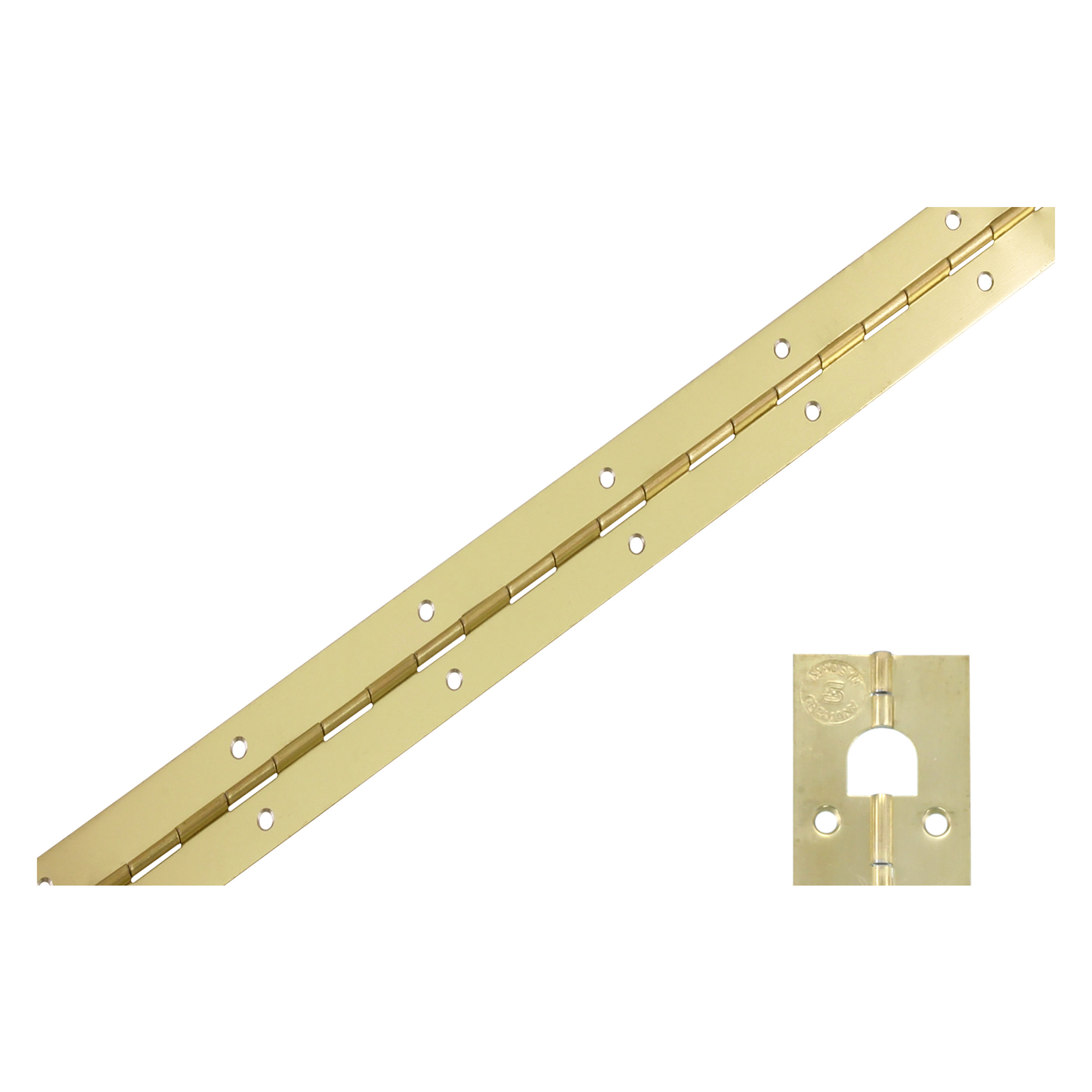 42.001.82   pianoscharnier met ophangoog in scharnier - geboord - messing  0.7 x 32 x 1000 mm