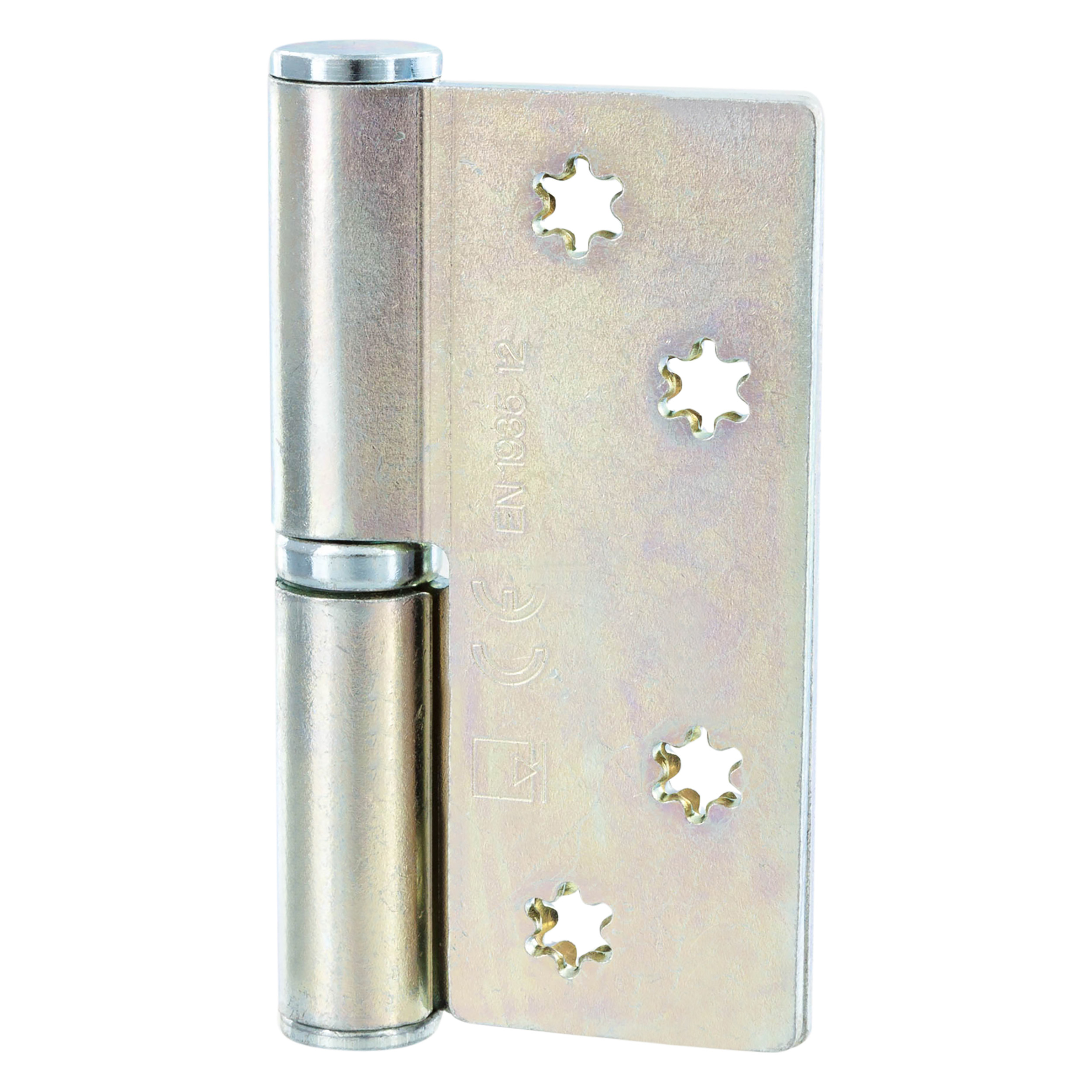 43.100.01   kogelpaumelle din links - met messing pen - verzinkt  89 x 89 mm