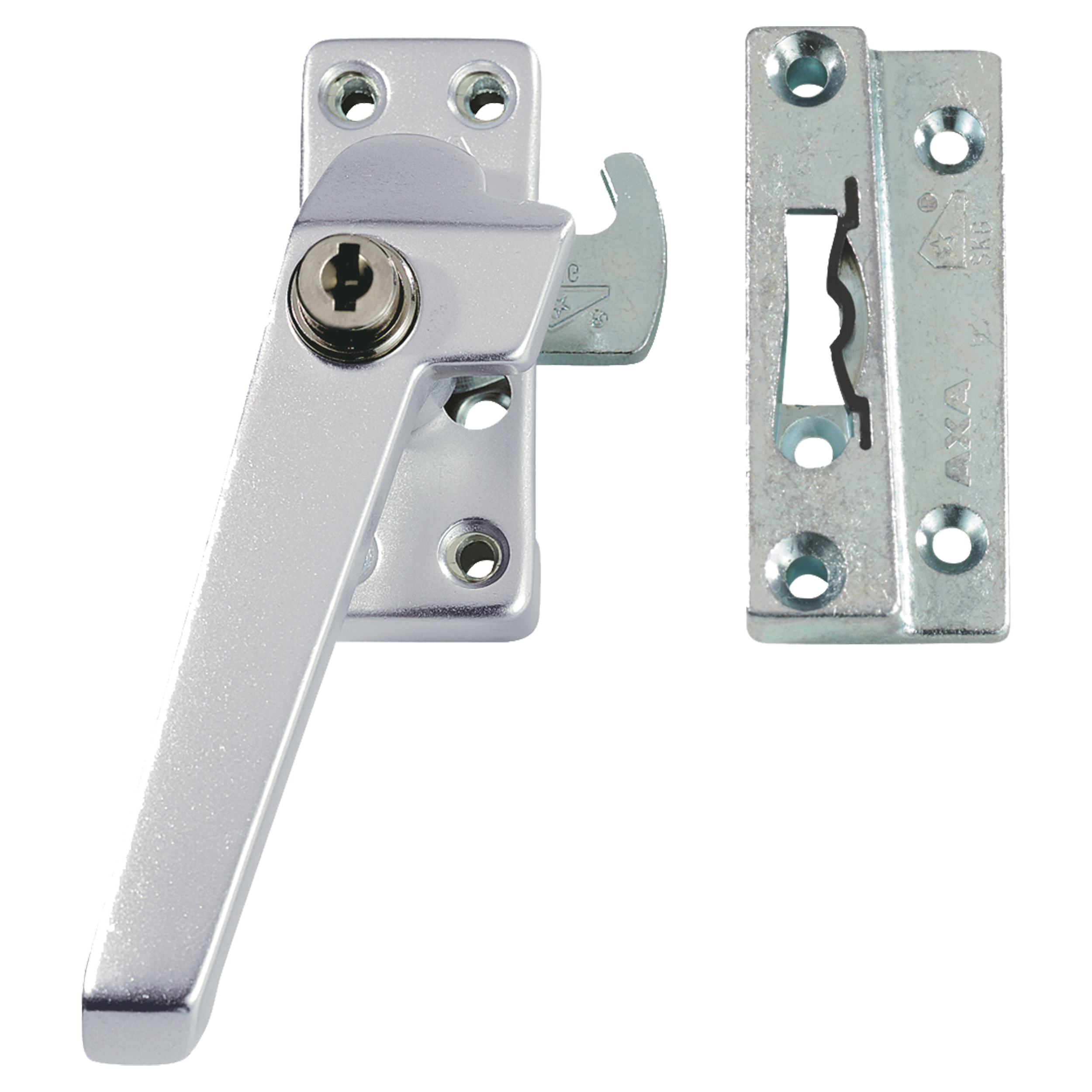 44.022.51 Axa  raamsluiting naar buitendraaiend - met cilinderslot - SKG* - rechts aluminium F1 132 x 65 x 40 mm
