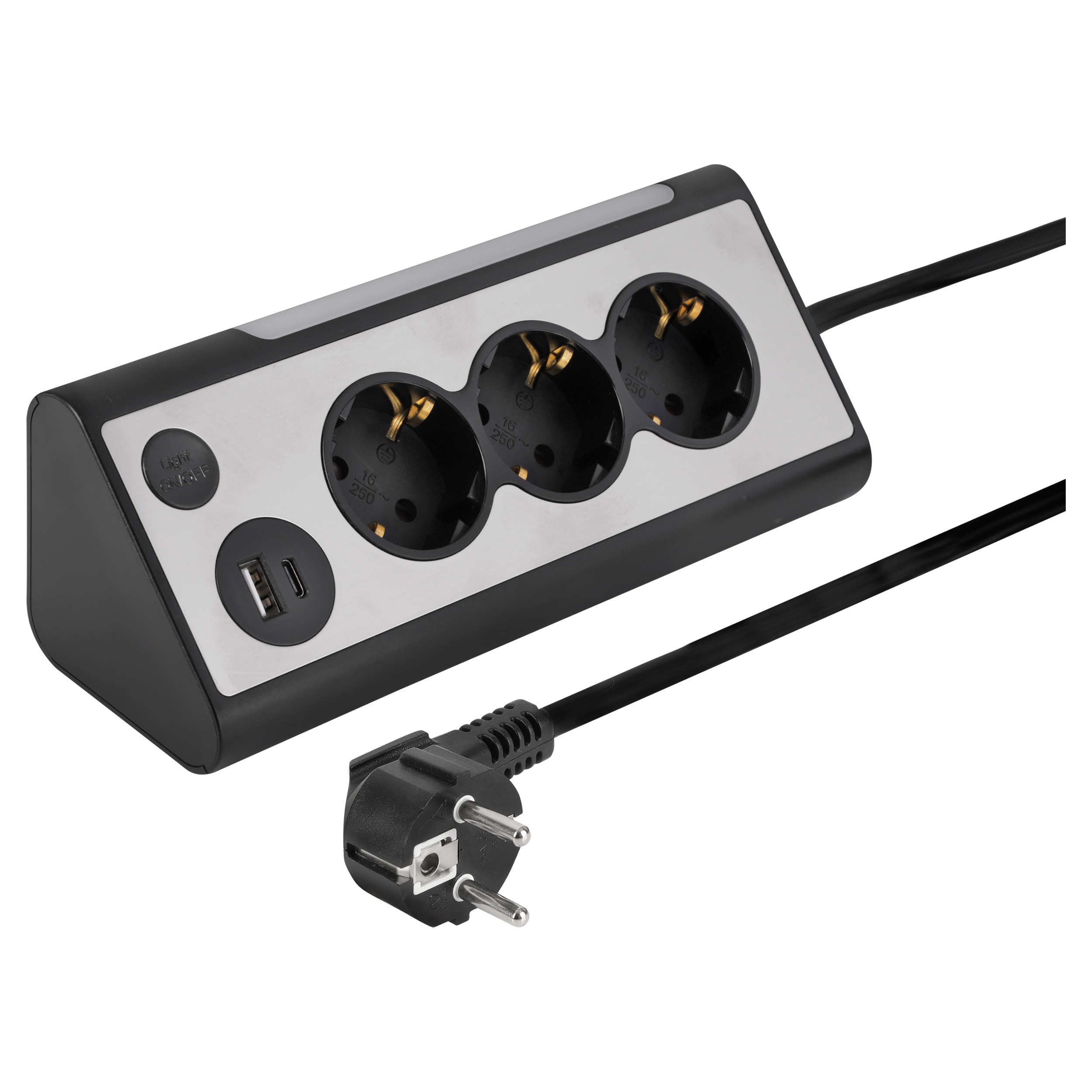 53.502.18 Q-Link  stekkerdoos 3-voudig - randaarde - 1 x USB-A, 1 x USB-C - met LED lamp RVS-look/zwart 3 x 1.5 mm², 1.5 m
