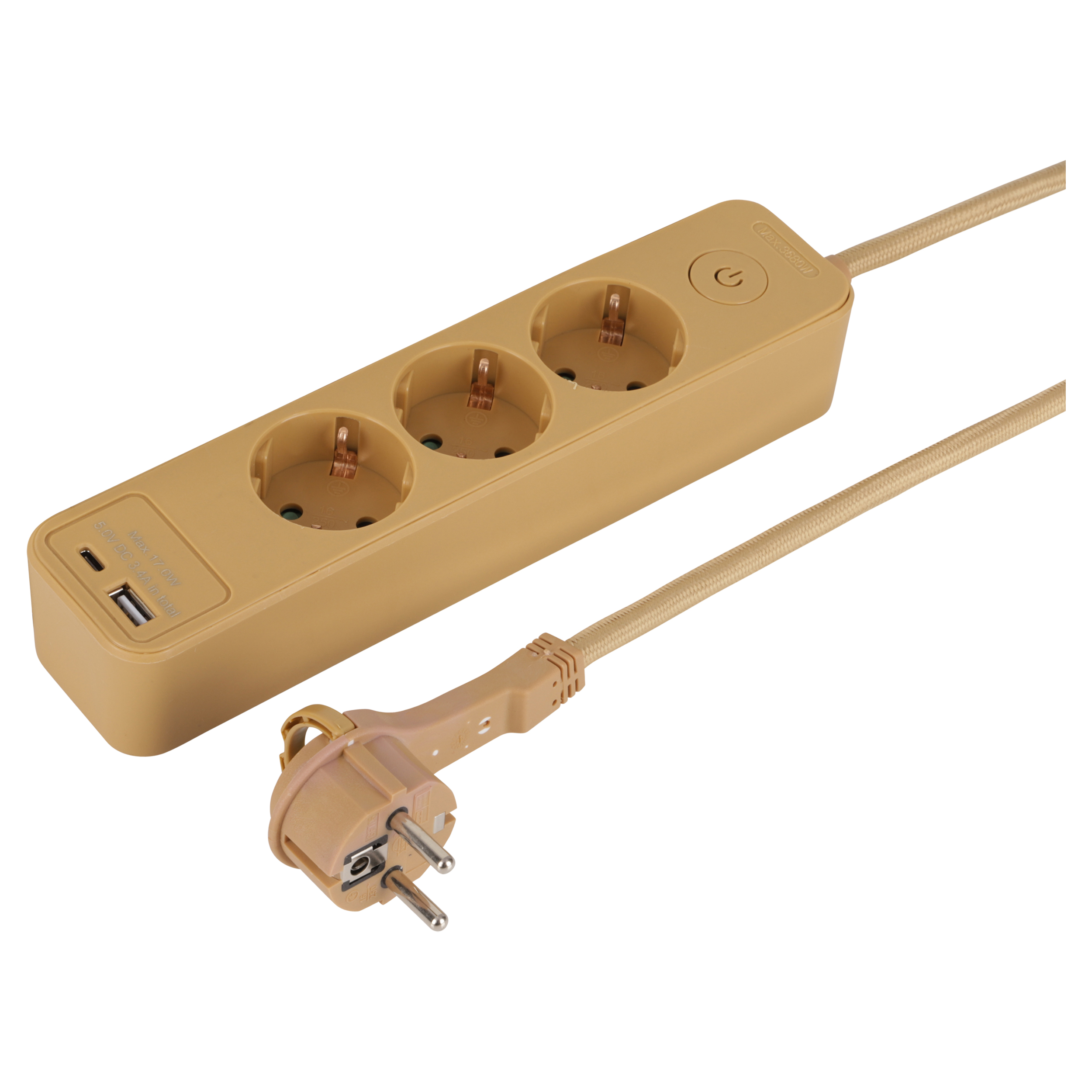 53.502.22 Q-Link  stekkerdoos 3-voudig - randaarde - plat - USB A/C - textiel mat goud 3 x 1.5 mm², 1.5 m