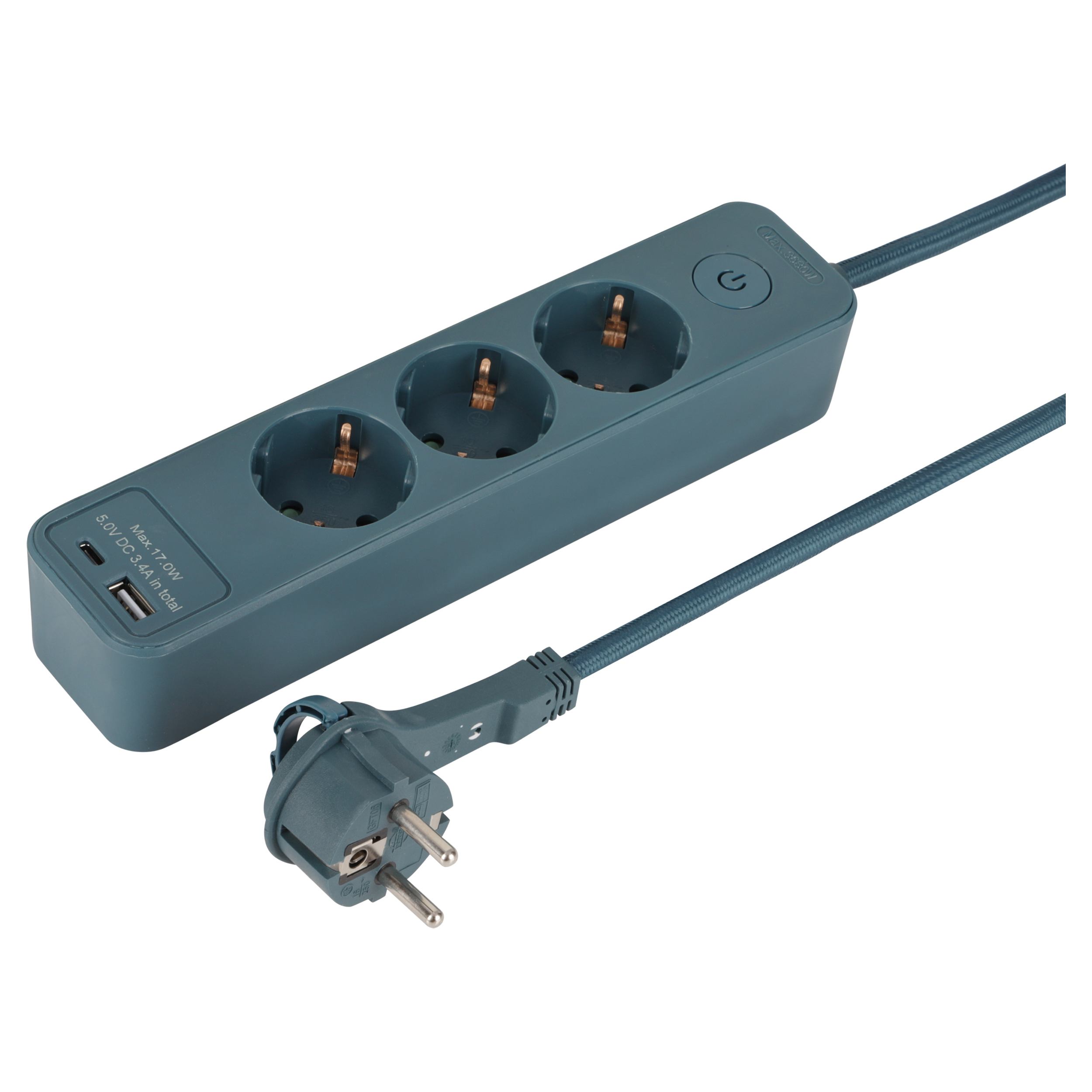 53.502.23 Q-Link  stekkerdoos 3-voudig - randaarde - plat - USB A/C - textiel petrol 3 x 1.5 mm², 1.5 m