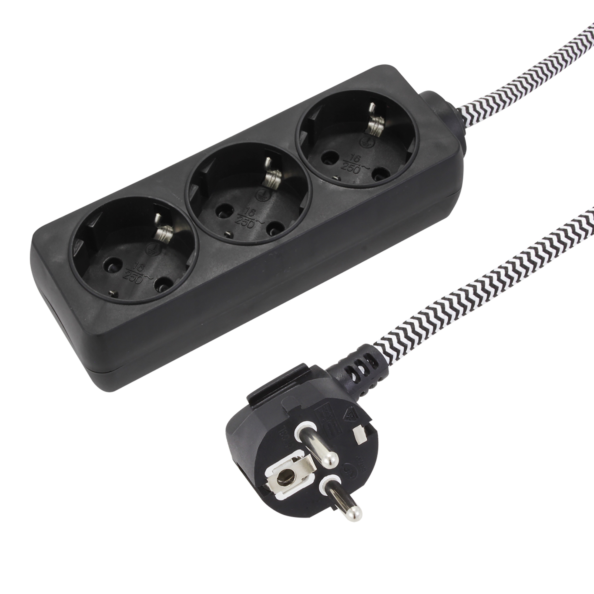 54.502.60 Q-Link  stekkerdoos 3-voudig - randaarde - max 3680W - textiel zwart/wit 3 x 1.5 mm² - 1.5 m