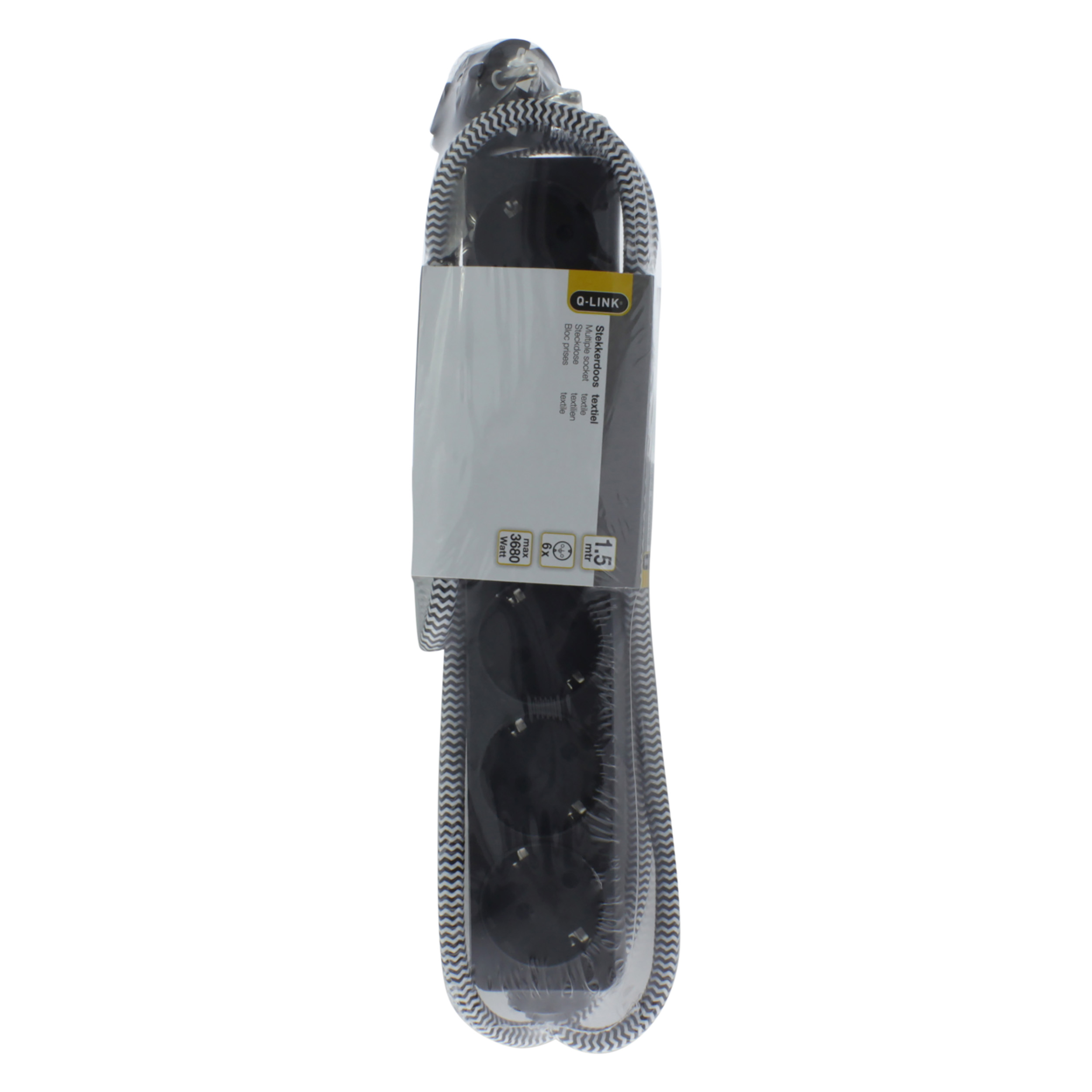 54.502.61 Q-Link  stekkerdoos 6-voudig - randaarde - max 3680W - textiel - plat zwart/wit 3 x 1.5 mm² - 1.5 m