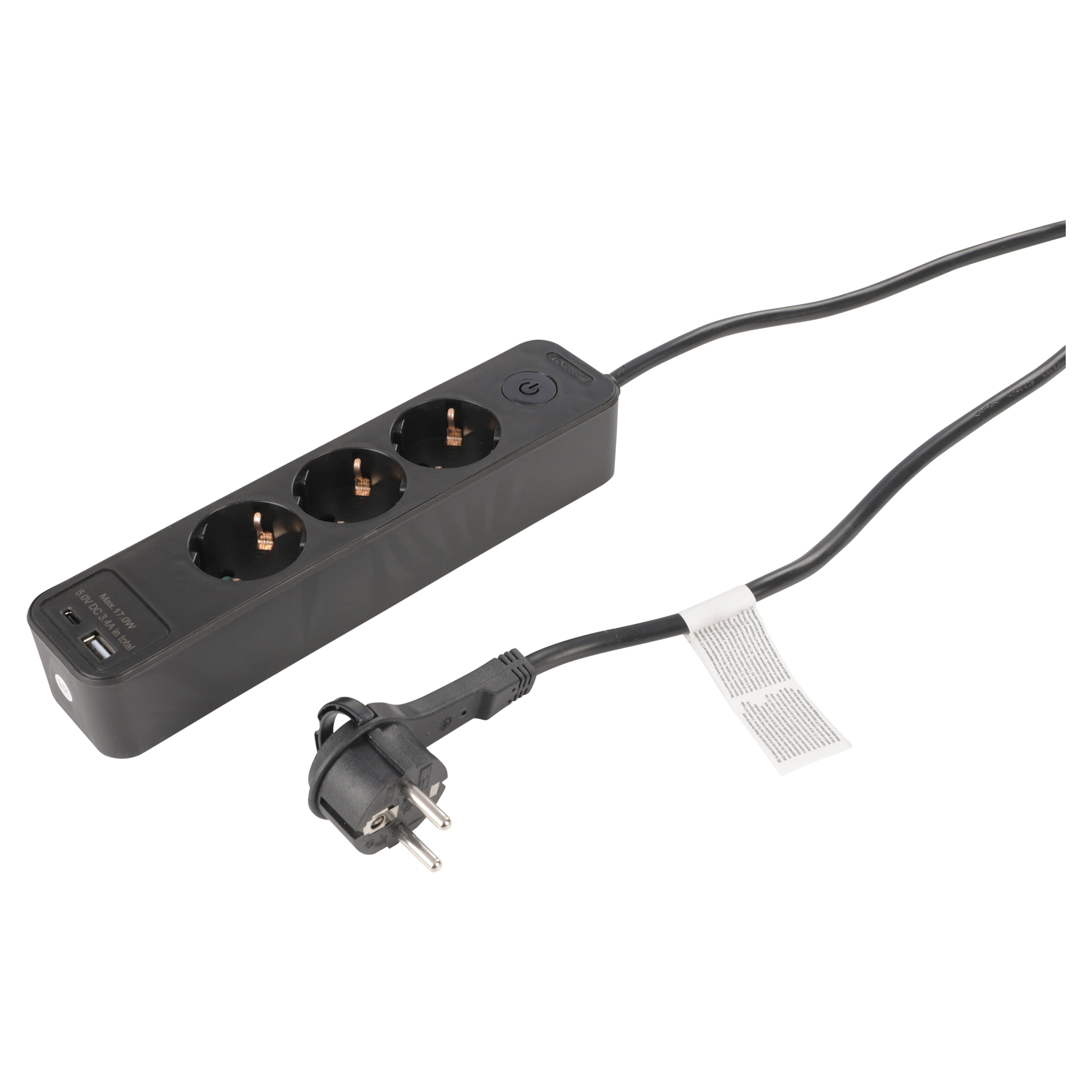 55.203.73 Q-Link  stekkerdoos 3-voudig - randaarde - met platte stekker - USB A/C grijs 3 x 1.5 mm², 1.5 m