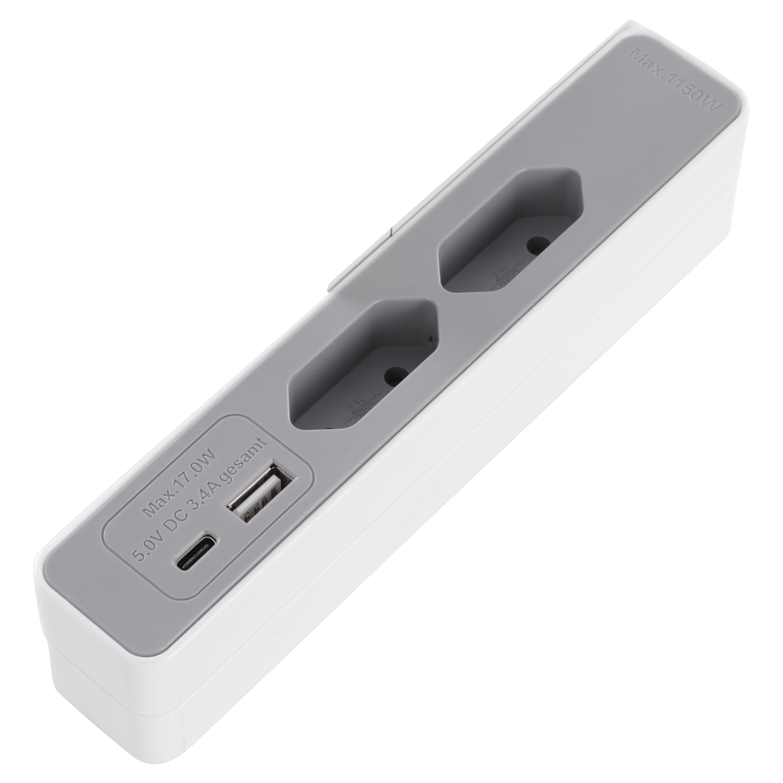 55.502.65 Q-Link  stekkerdoos sofa - 2 x euro - USB A/C - met platte stekker wit/grijs 2 x 1.0 mm², 2 m