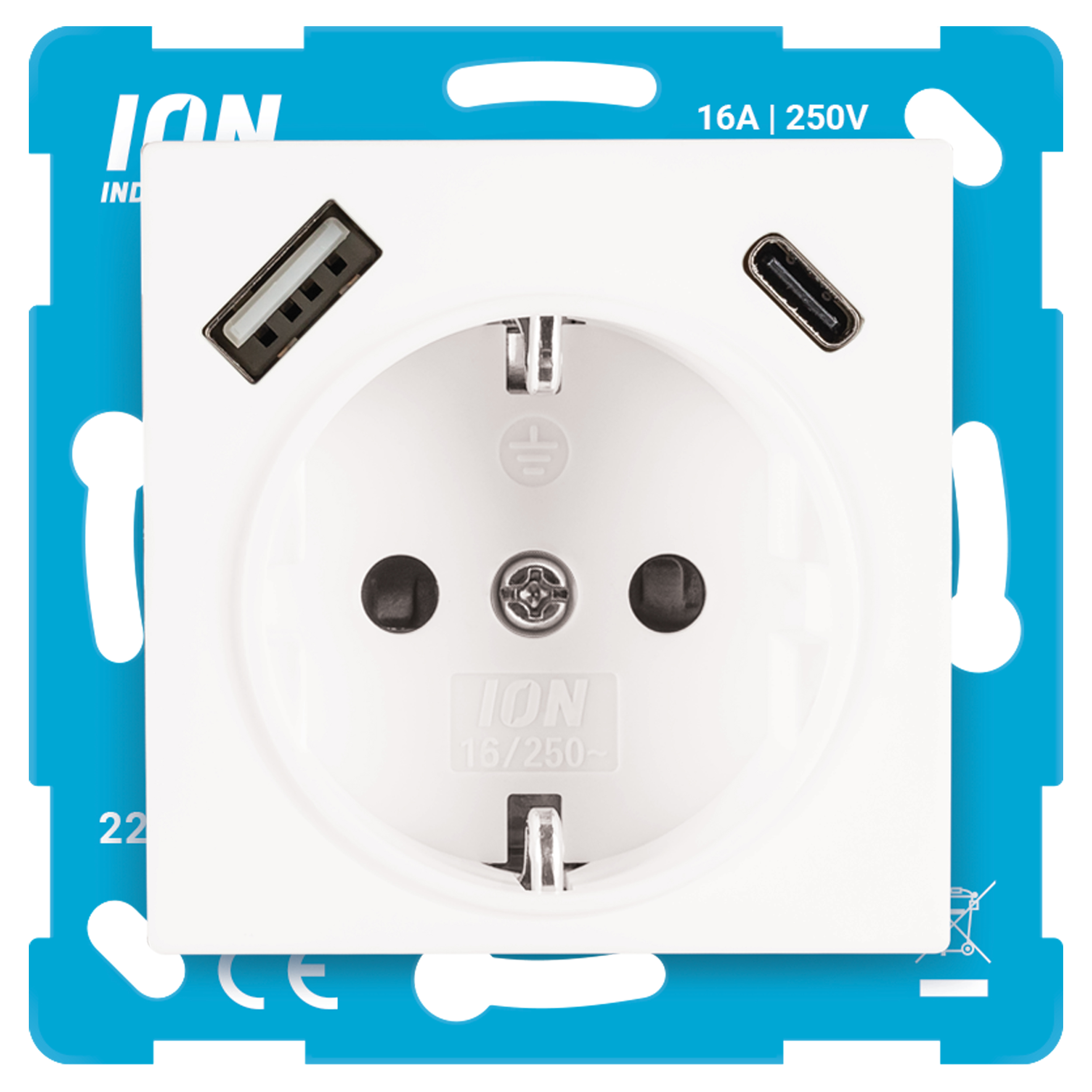 66.006.46 ION Industries V1/J1 contactdoos inbouw - 1-voudig - randaarde - USB A/C alpin wit 71 x 71 x 32 mm