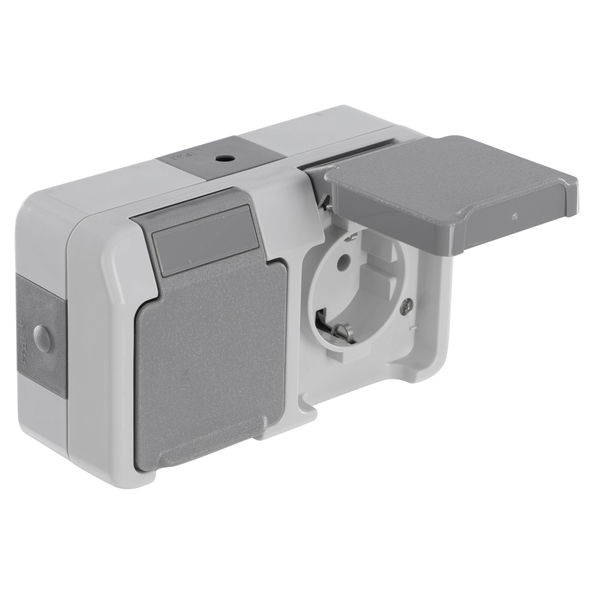 66.108.50 Merten Aquastar contactdoos spatwaterdicht - opbouw - 2-voudig - randaarde - horizontaal - IP44 grijs 
