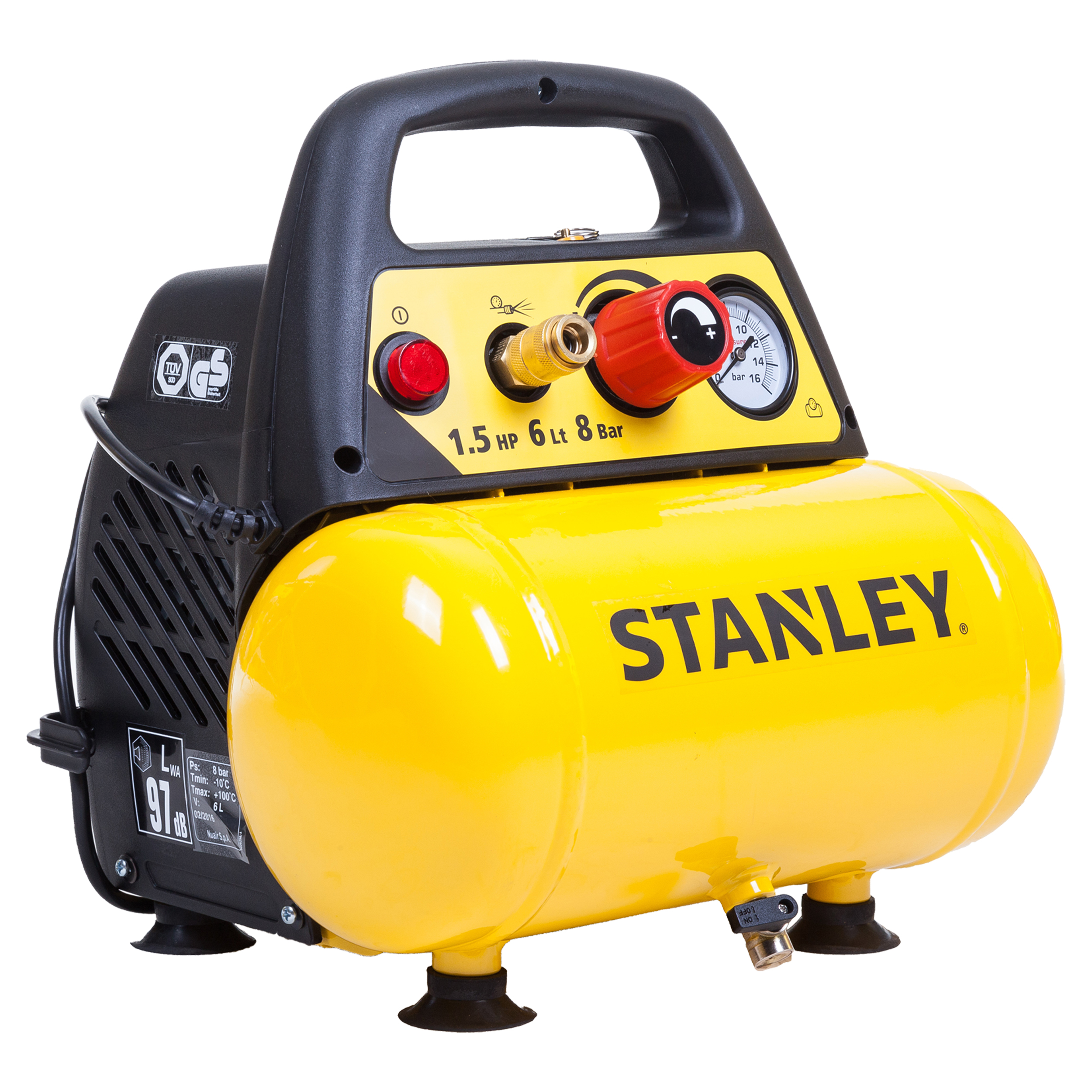 83.200.04 Stanley  luchtcompressor 8 bar - 6L - olievrij - DN200/8/6 geel/zwart 