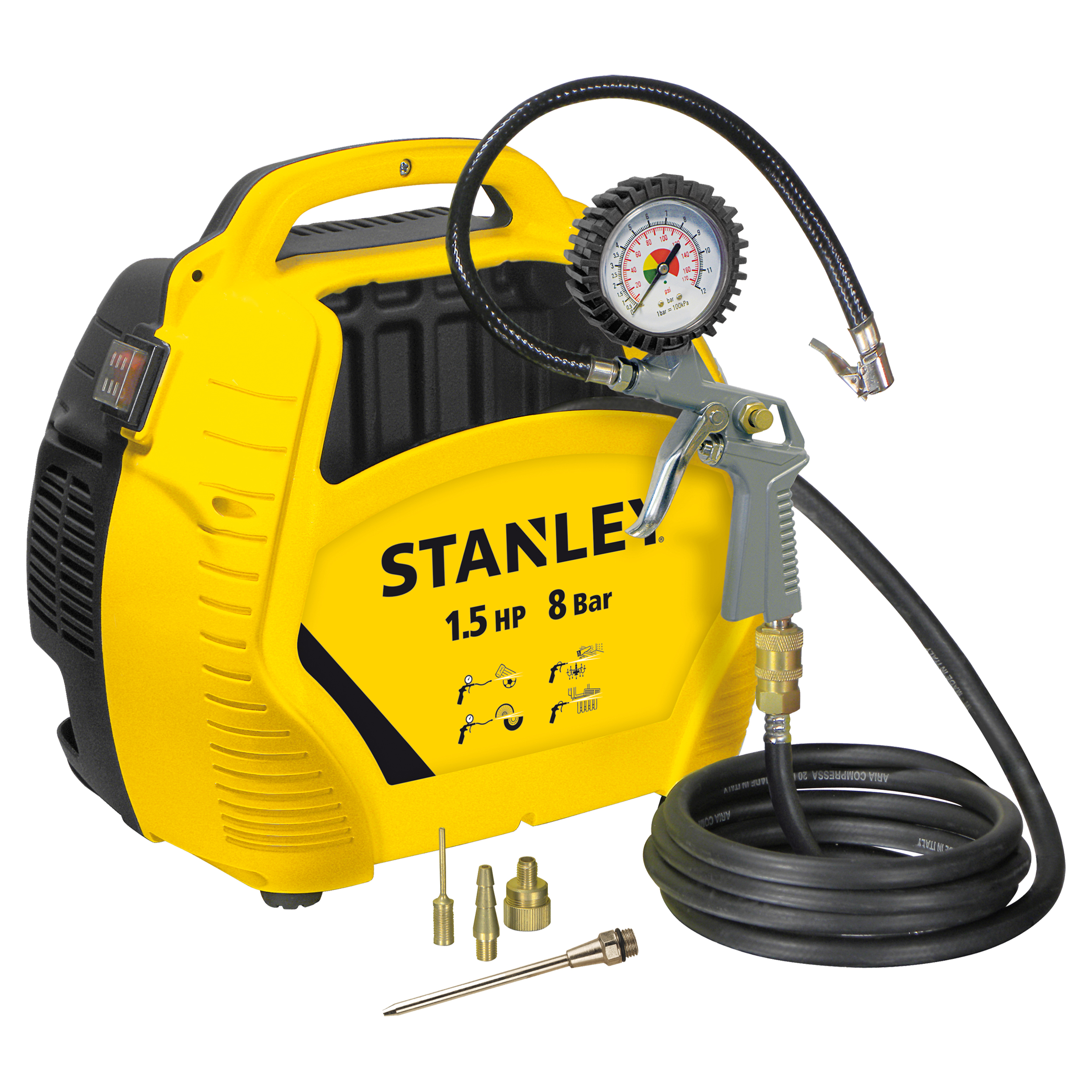 83.200.07 Stanley  luchtcompressor Air kit - 8 bar - olievrij - incl. accessoires geel/zwart 32.5 x 29 cm